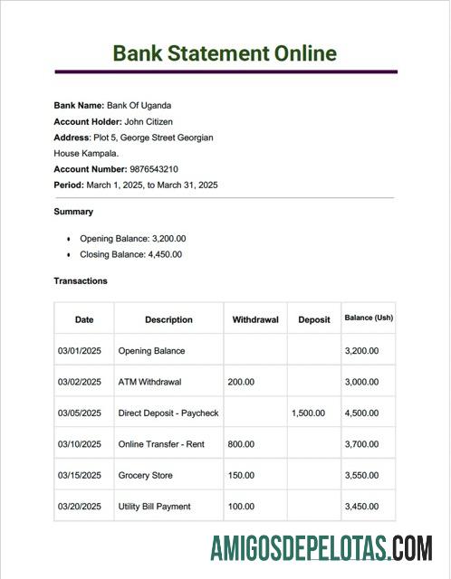 blank Uganda Bank Of Uganda Bank Statement Online Word And PDF modelo